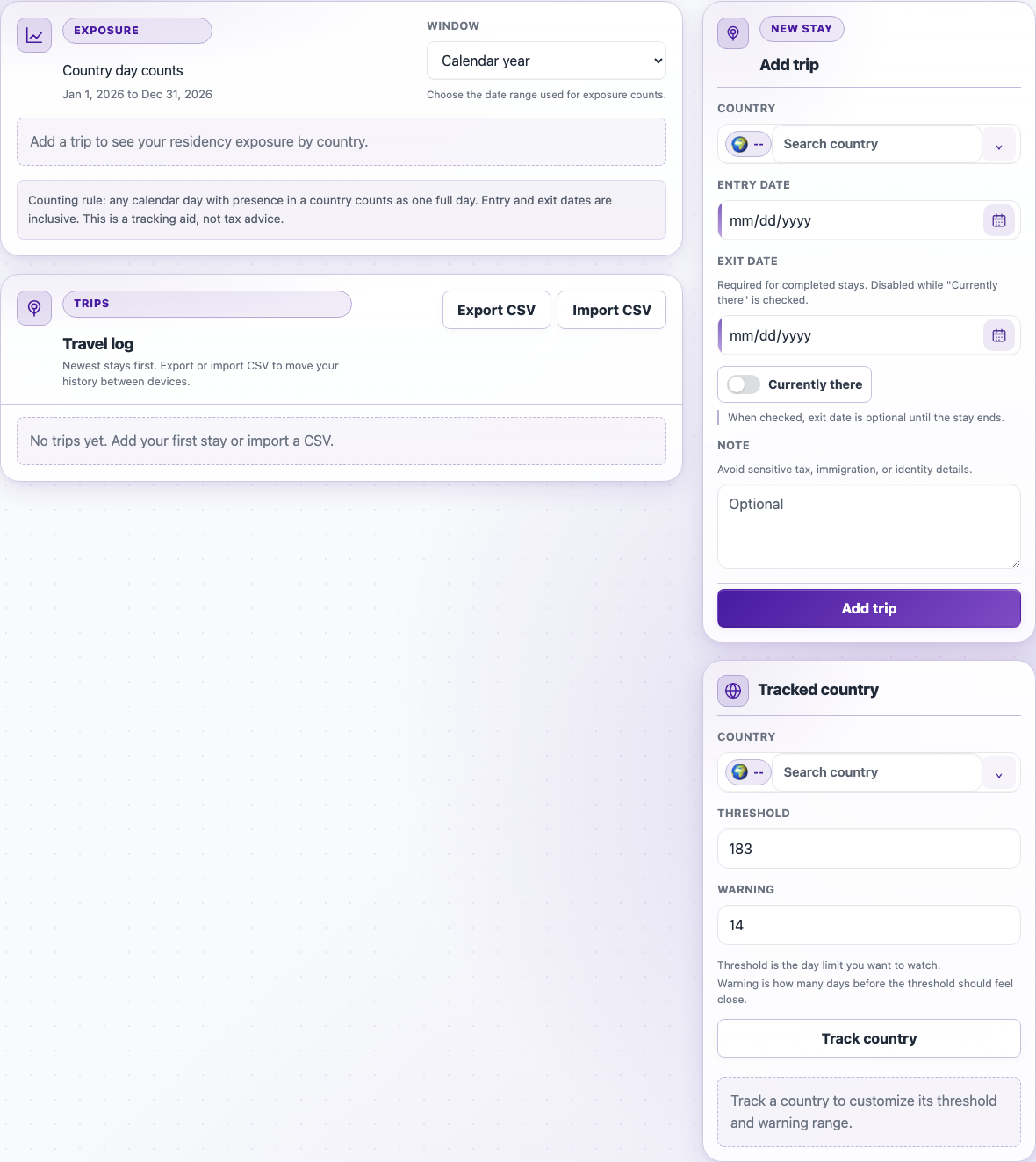 Original Nomad Counter interface with an empty country summary, travel log, and trip form